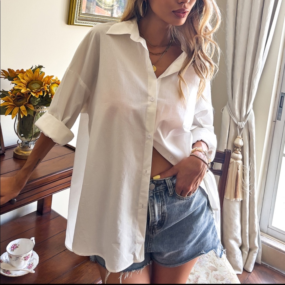 Open Back Cuff Sleeve Button Up Shirt Top Blouse - Picture 4 of 7